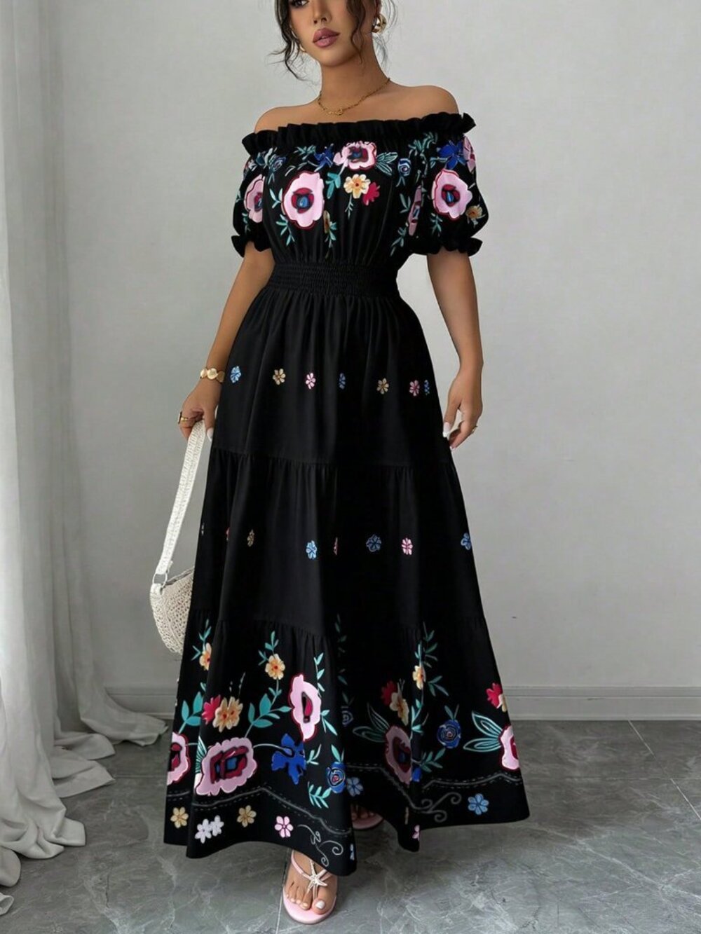 Black Boho Off Shoulder Petal Sleeve Floral Print Waist Flared Women's Dress - Picture 5 of 7